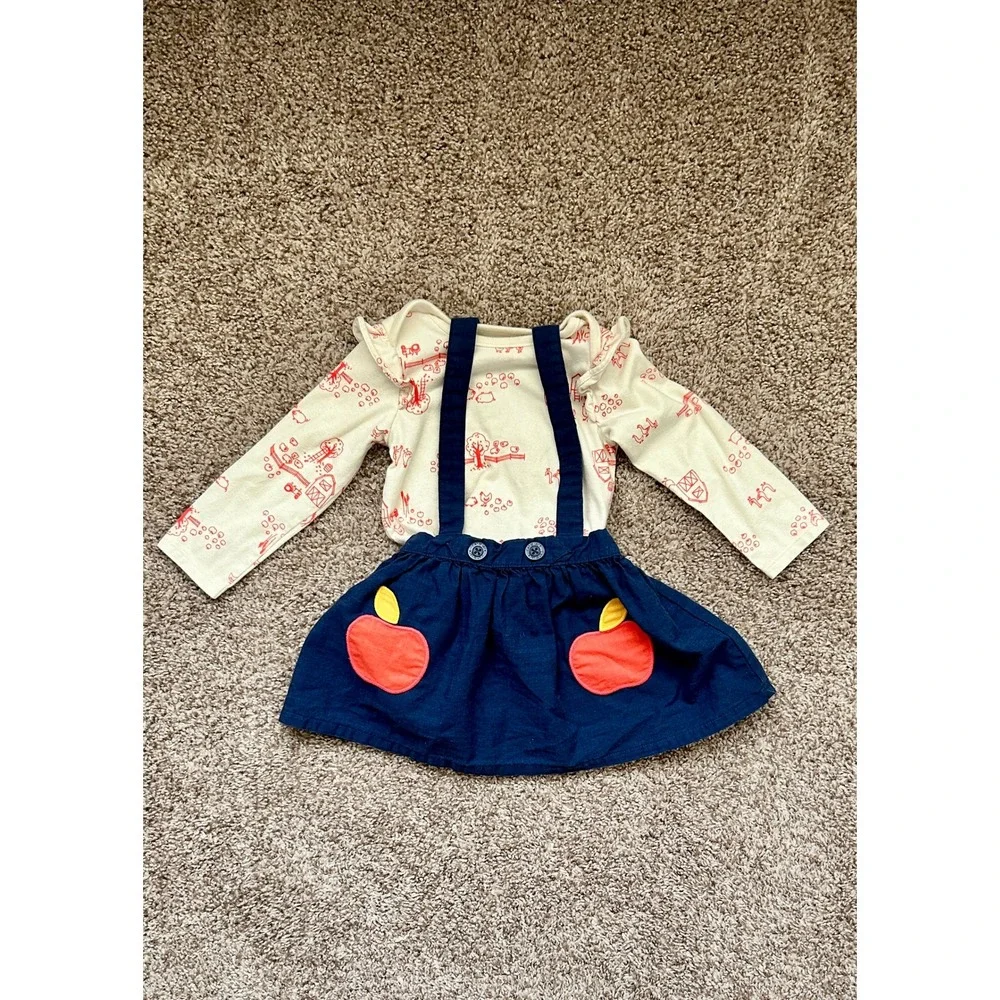 Cat & Jack‎ Baby Girl Farm Bodysuit and Apple Suspender Skirt Set 18M Navy Cream